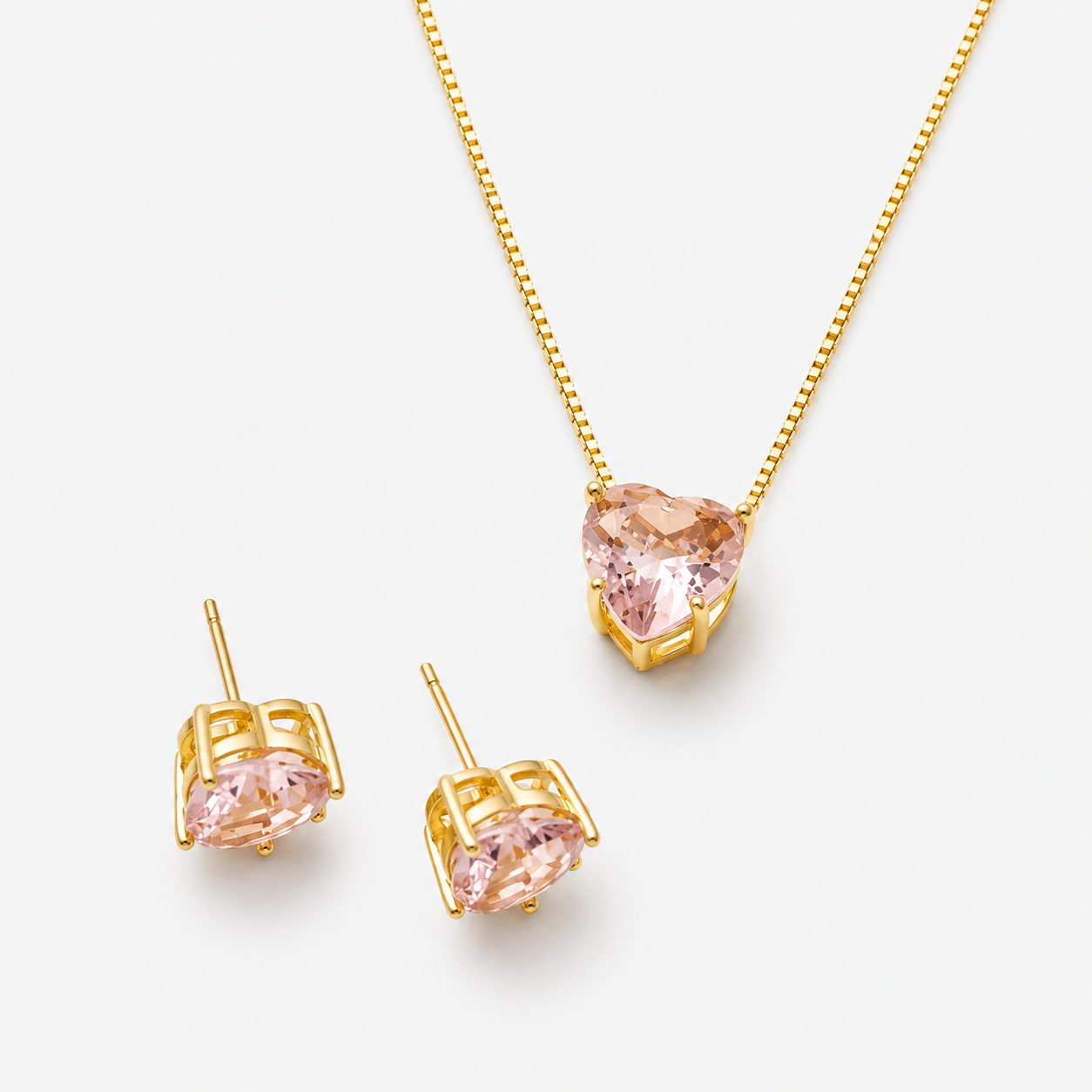 Conjunto Coração Quartzo Rosa - Ouro