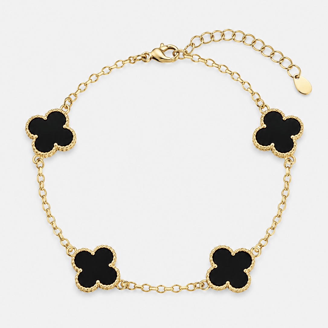 Pulseira Trevo Resinado Preto - Ouro